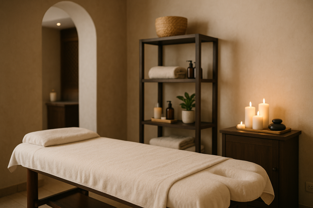 Cozy and serene massage room interior featuring a massage table with white linens, soft lighting, and decorative candles, creating a relaxing spa atmosphere