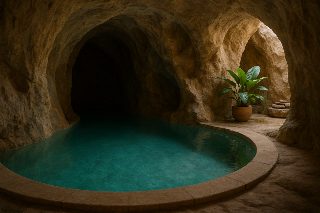 Interior view of a mağara konseptli havuz featuring a serene cave-like pool surrounded by natural rock formations and soft ambient lighting.